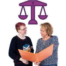 A justice scales icon above 2 people reading a document together.