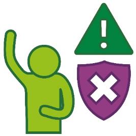 A person with their hand raised next to a problem icon and an unsafe icon.