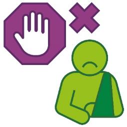 A stop icon and a cross next to someone with their arm in a sling.