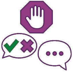 A stop icon next to a tick and cross inside a speech bubble and another empty speech bubble.