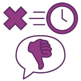 A cross and a stopwatch above a thumbs down icon inside a speech bubble.