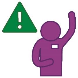 A problem icon next to an advocate with their hand raised.