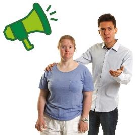 A person supporting someone else. Next to them is a megaphone.