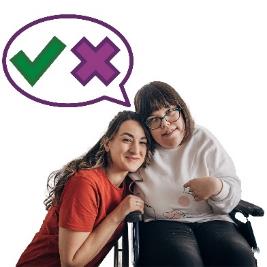 A guardian supporting someone. Above them is a tick and a cross inside a speech bubble.