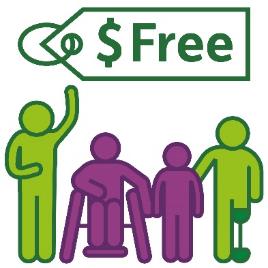 A price tag that says 'Free' above a group of participants.