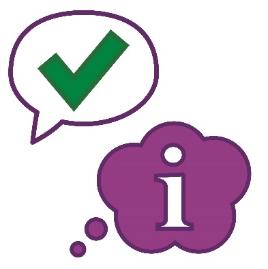 A tick in a speech bubble and an information icon inside a thought bubble.