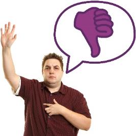 A person with their hand raised next to a thumbs down inside a speech bubble.