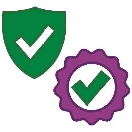 A safety icon and a badge with a tick on it.