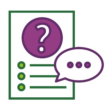 A document with a question mark on it and a list. There is a speech bubble coming from the list.