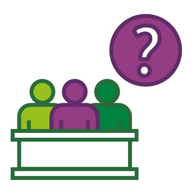 3 people at a panel under a question mark.