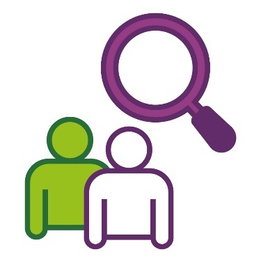 A magnifying glass above 2 people.