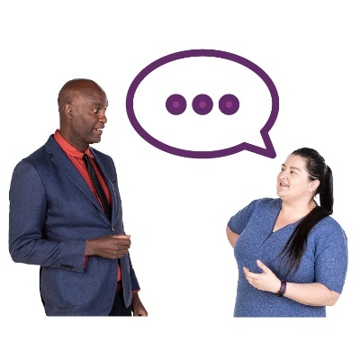 A speech bubble coming from a person with disability. Another person is listening.