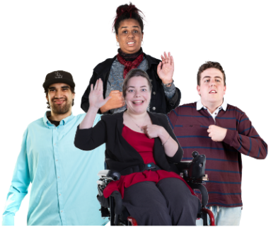A group of people with disability pointing to themselves with their other hand raised.