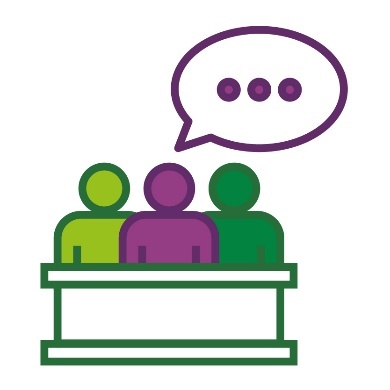 3 people at a panel with a speech bubble.