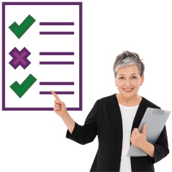 A person with a clipboard smiling and pointing to a list. The list has some ticks and crosses on it.