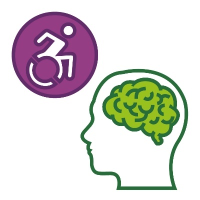 A disability icon and a head showing the brain.