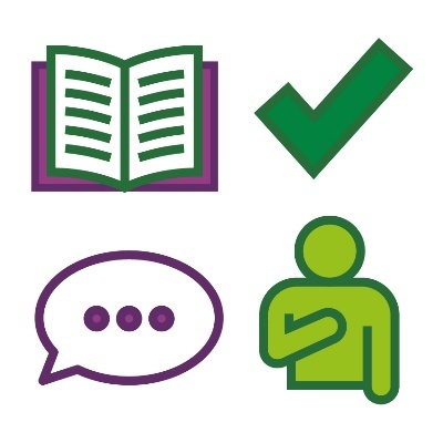 An open book, a tick, a speech bubble and a person pointing to themself.