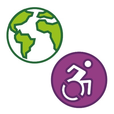 A globe of the world showing different countries, and a disability icon.