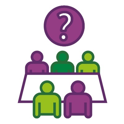 A group of people around a table under a question mark.