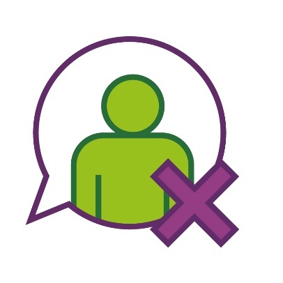 A speech bubble showing a person with a cross on it.