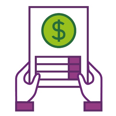 2 hands holding out a document with a dollar sign and an information table.