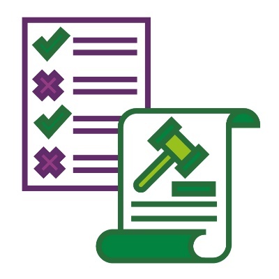 A document of rules with ticks and crosses, and a law document.