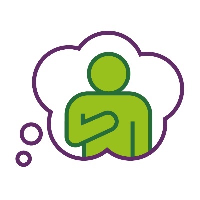 A thought bubble showing a person pointing to themself.