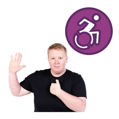 A person with 1 hand up and the other hand pointing to themself. Above them is a disability icon.