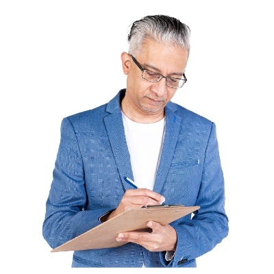 A person writing on a clipboard.