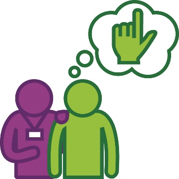 A person supporting another person. Above them is a thought bubble that shows a hand pointing up.