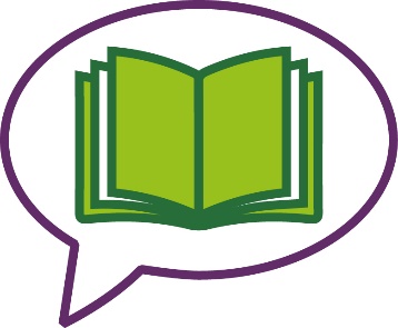 A speech bubble that shows an open book.