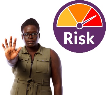 A person with their hand out to say stop, and a high risk icon.