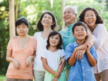 A family smiling and laughing together. 