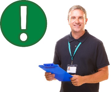 A circle with an exclamation mark in it, and a provider holding a clipboard and smiling.