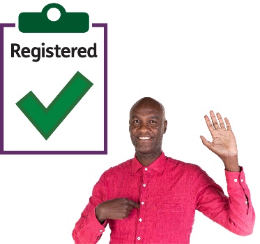 A clipboard showing the word 'registered' and a tick, and a person with one hand up and the other hand pointing to themselves.