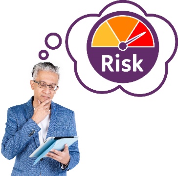 A person is reading a clipboard, and there is a thought bubble showing a high risk icon.