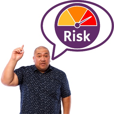 A person with their hand up, and a speech bubble showing a high risk icon.