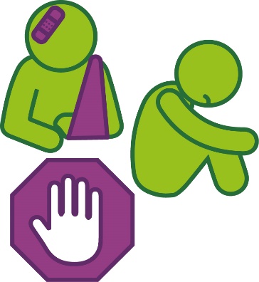 An injured person and a person sitting with their head down and frowning. Next to them is a stop icon.