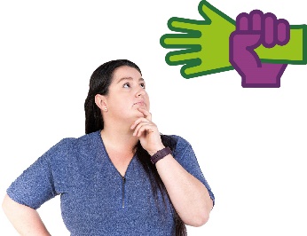 A person looking up with their hand on their chin. Above them is a hand holding someone's wrist.