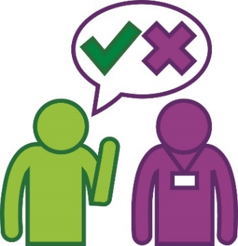 A person meeting with an NDIS provider. Above them is a speech bubble that shows a tick and cross.