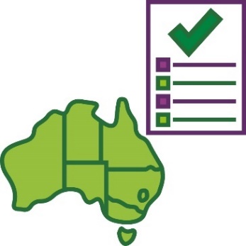 A map of Australia next to a document with a tick and list of rules.