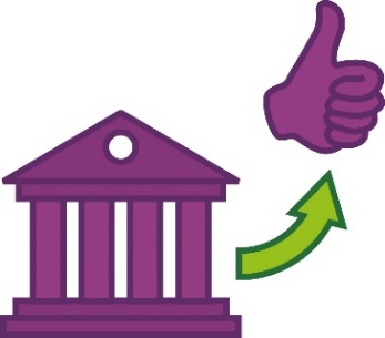 A government building next to an arrow pointing to a thumbs up.