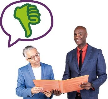 2 people looking over a document. Above them is a speech bubble that shows a thumbs down.