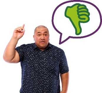 A person raising their hand to say something. Above them is a speech bubble that shows a thumbs down.